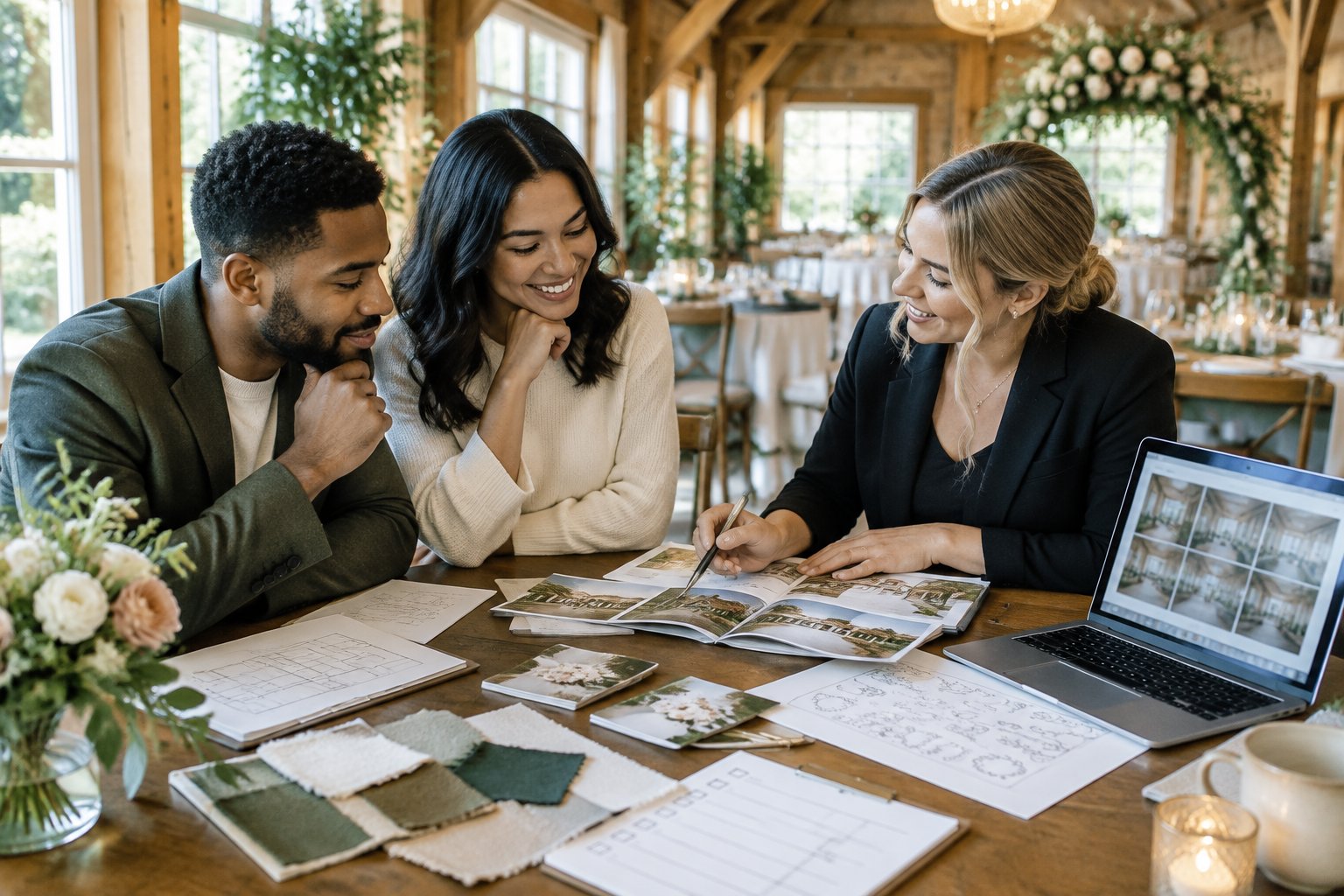 An engaged couple compares wedding venue options with a planner at a table inside a distinctive elegant venue.