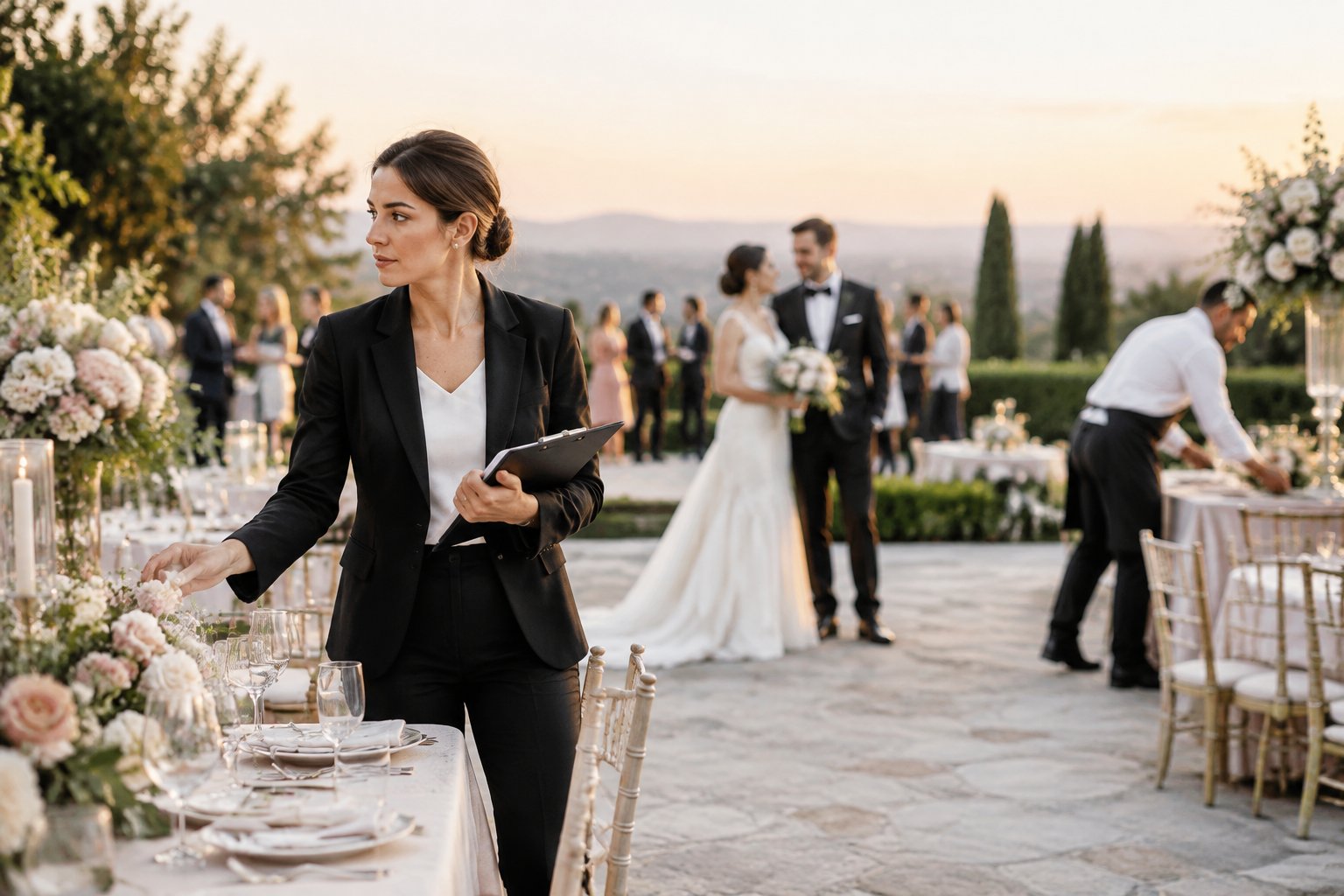 A wedding coordinator organizes an outdoor reception while the bride and groom share a happy moment in the background.