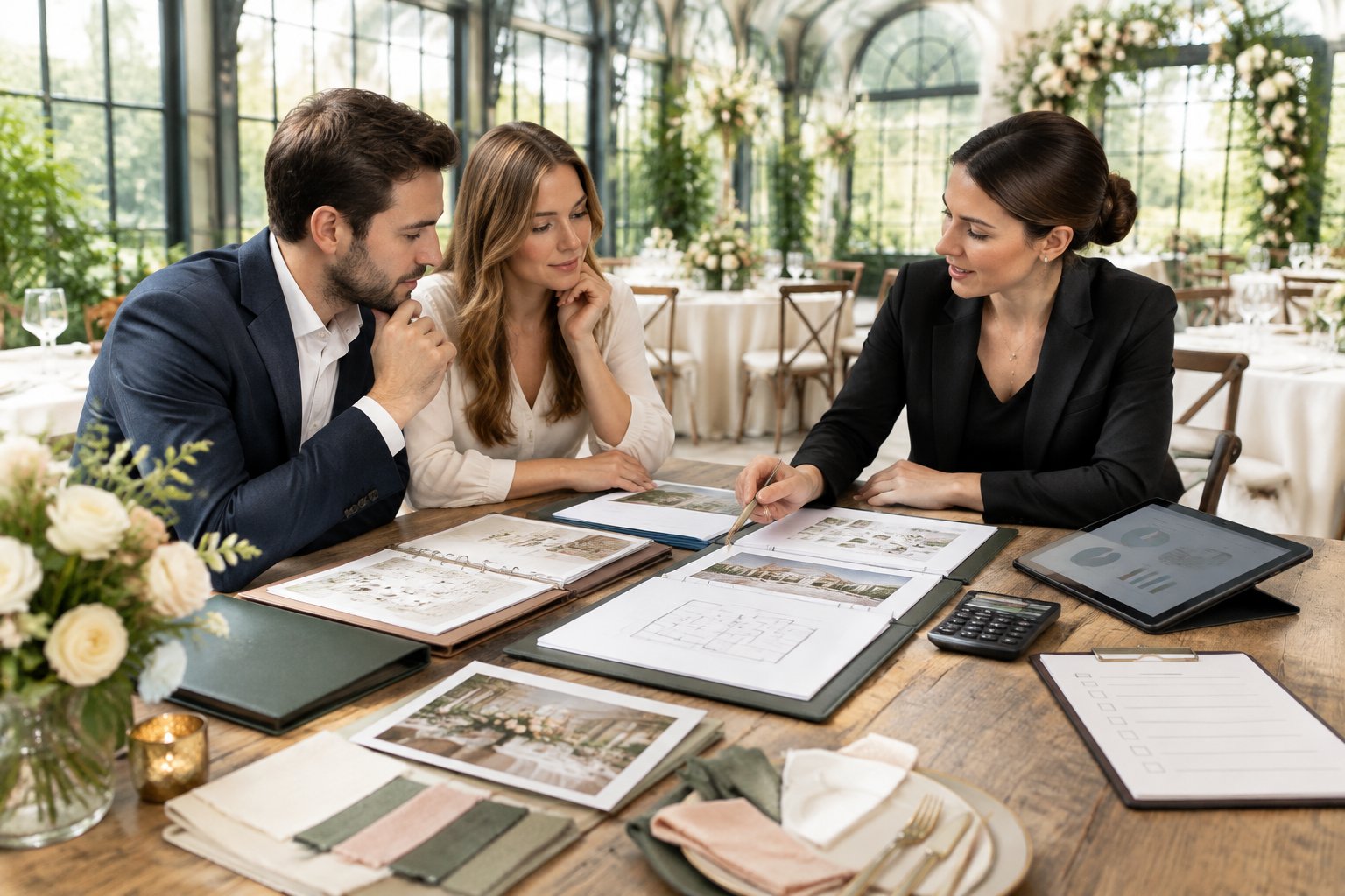 A couple compares wedding venue documents with a coordinator at a distinctive reception venue.