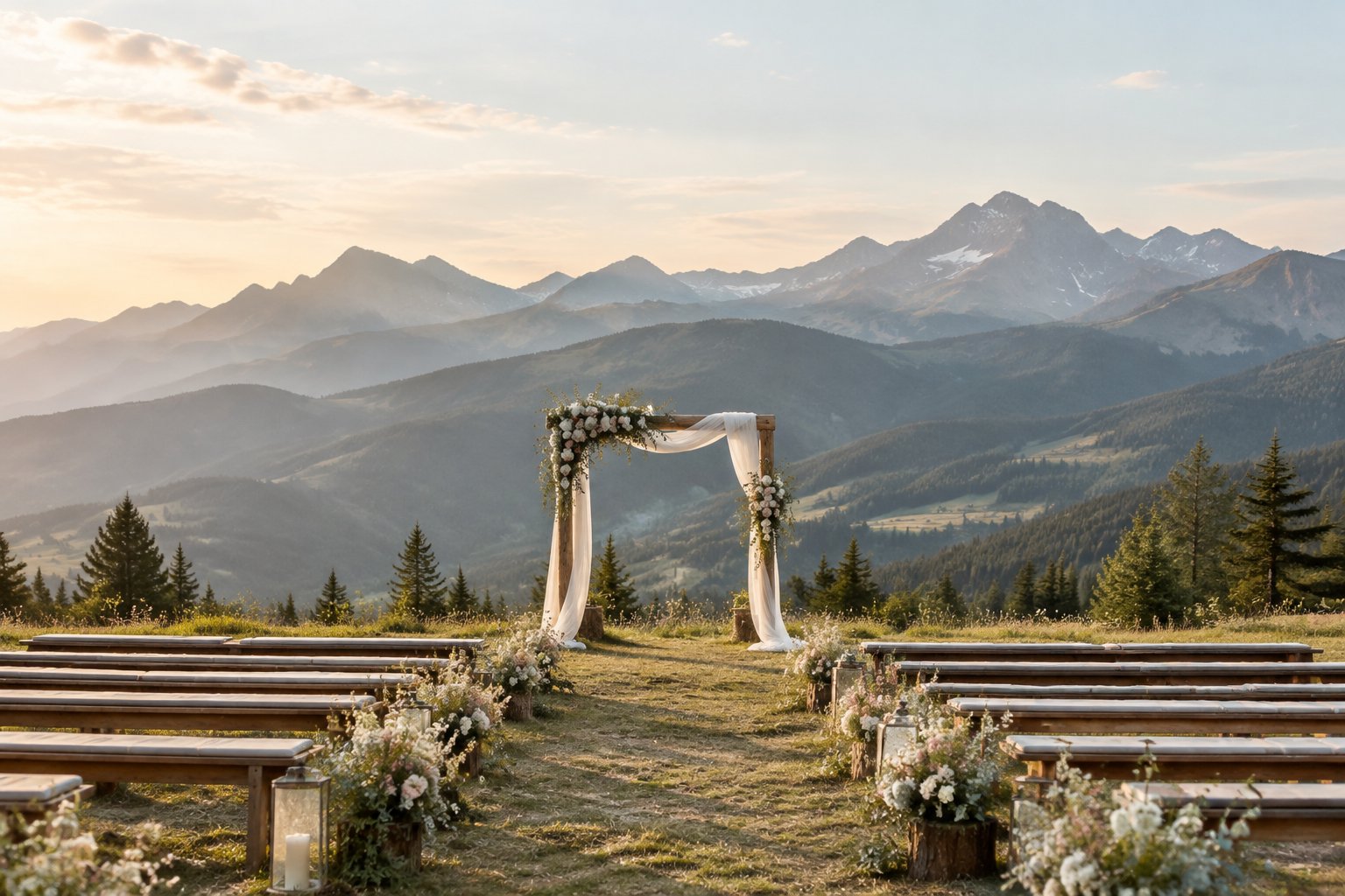 An elegant outdoor wedding ceremony setup in a meadow surrounded by towering mountain peaks.