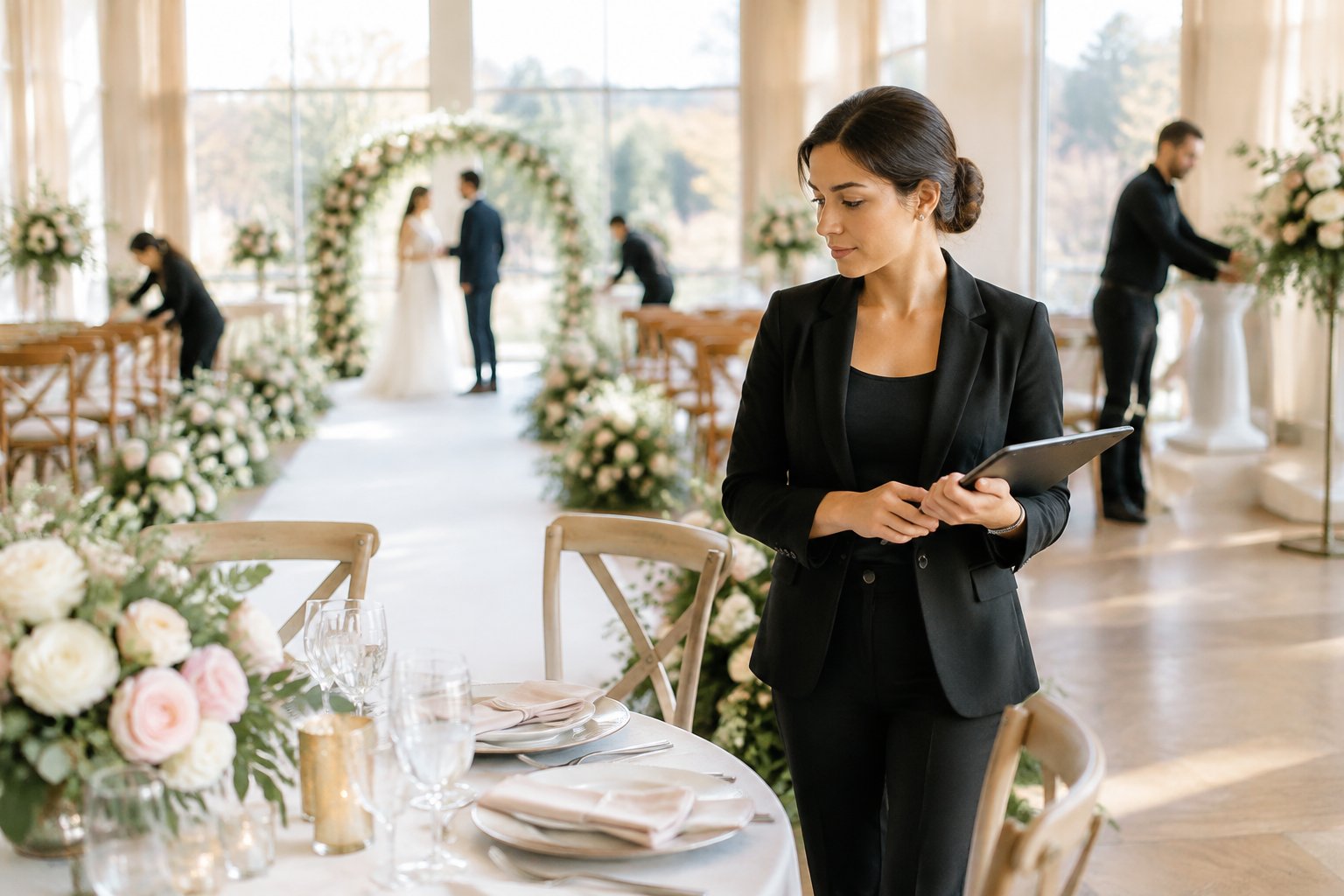 A wedding coordinator checks preparations while vendors set up a decorated wedding venue.