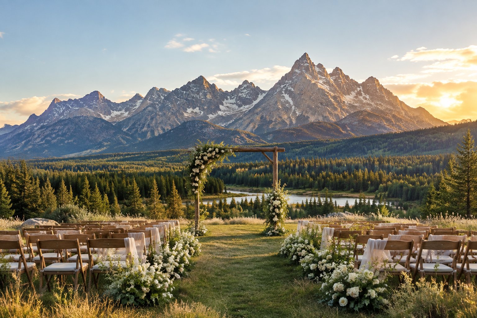 An outdoor wedding ceremony set in an alpine meadow with the Rocky Mountains and Grand Teton peaks in the background.