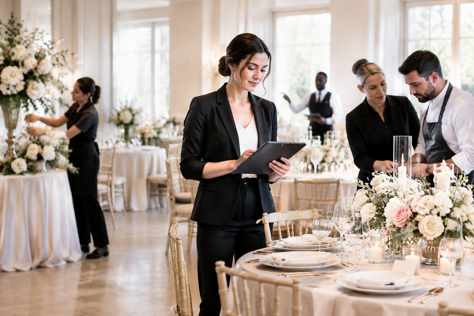 A wedding coordinator oversees vendors and final reception preparations before guests arrive.