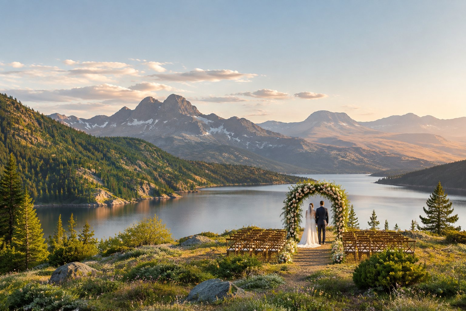 An outdoor wedding ceremony beside an alpine lake with mountain peaks, evergreens, wildflowers, and desert ridges in the distance.