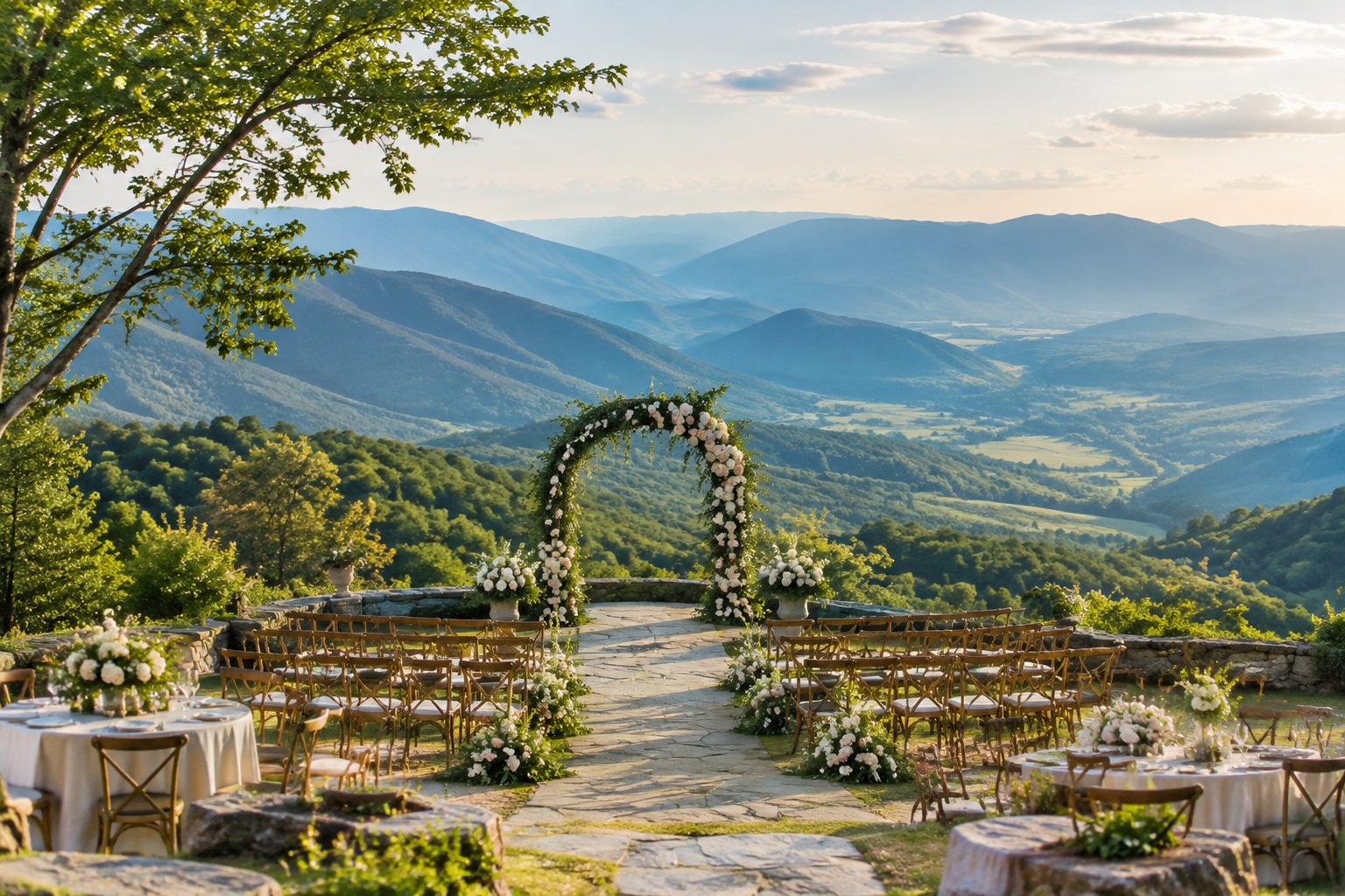 An elegant outdoor wedding venue surrounded by forested Eastern Mountains.