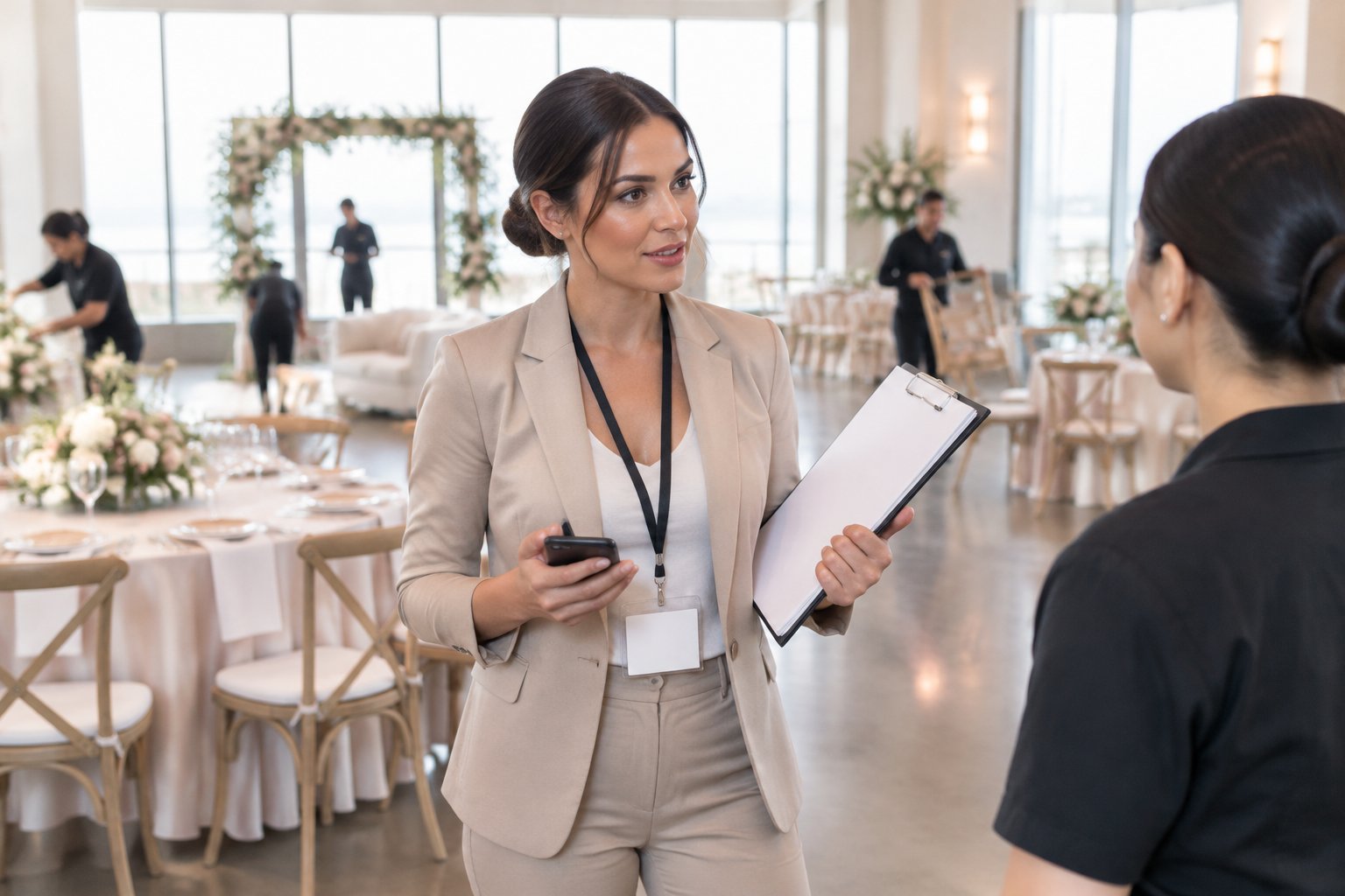 A wedding coordinator reviews final preparations with venue staff in an elegant reception space.