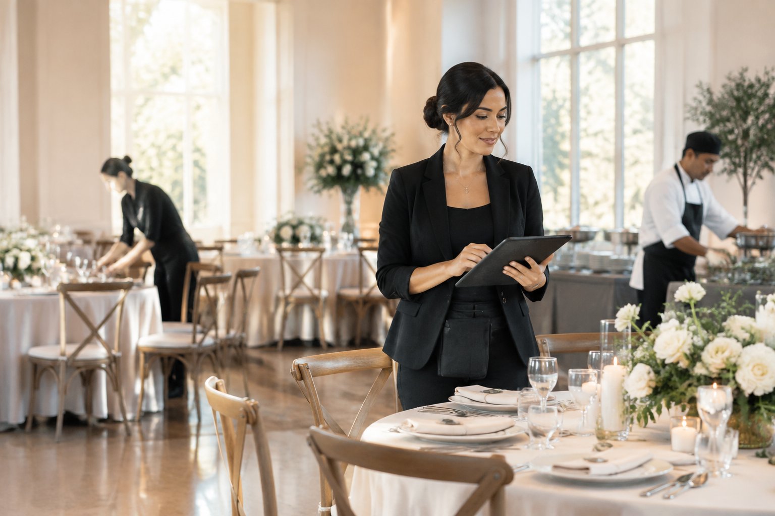A wedding coordinator organizes final details at a decorated reception venue before guests arrive.