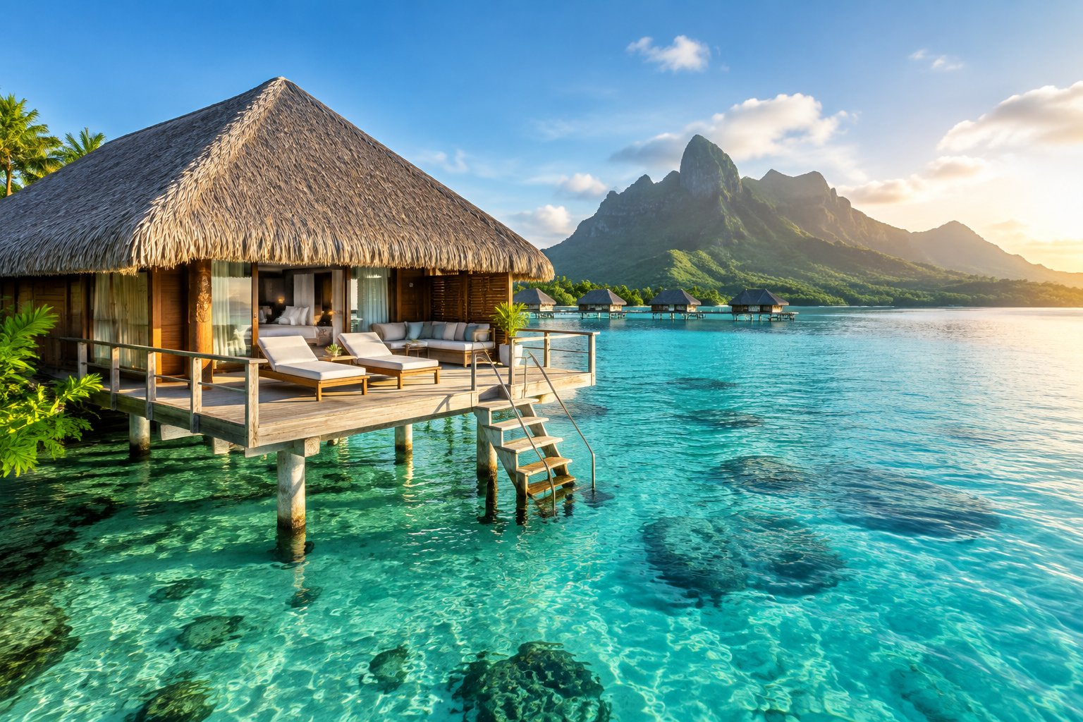 A luxury overwater bungalow surrounded by turquoise lagoon water, tropical greenery, and distant volcanic mountains in Bora Bora.