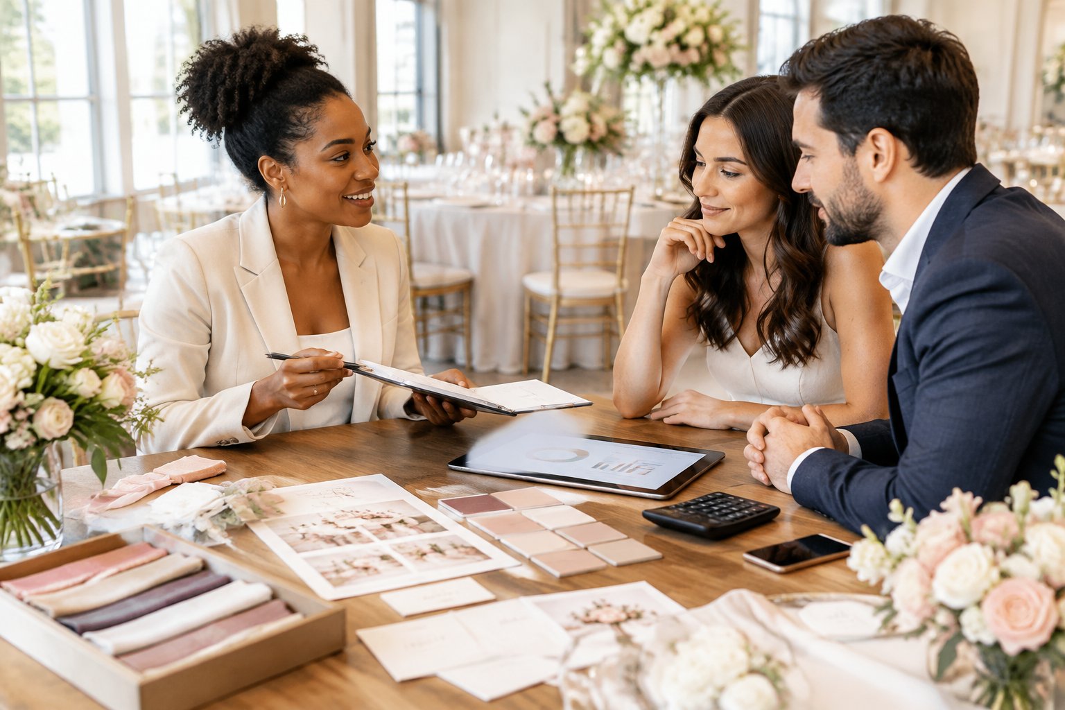 A wedding planner reviews plans with an engaged couple in an elegant reception venue.
