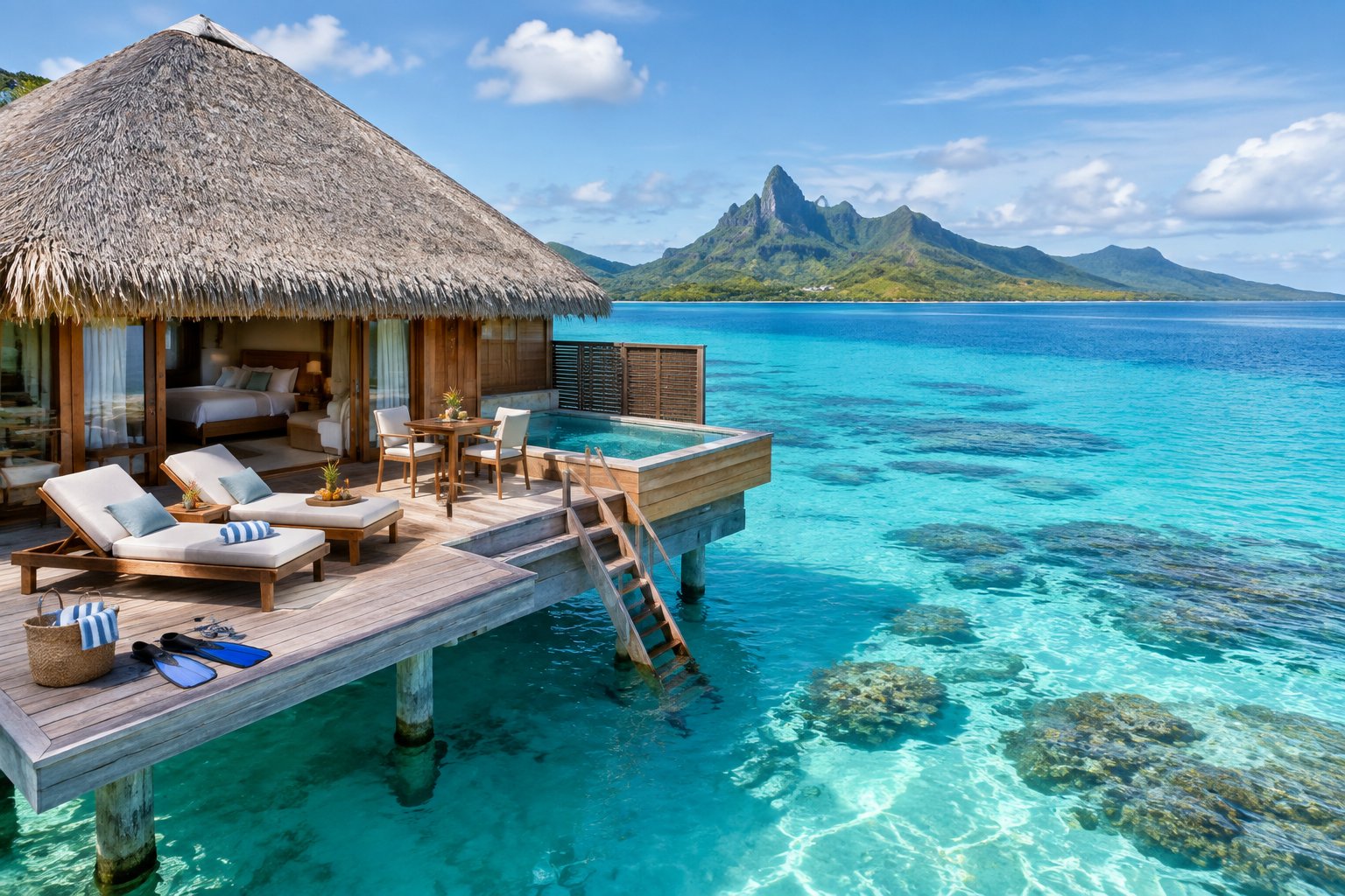A luxury overwater bungalow with a private deck sits above the clear turquoise lagoon of Bora Bora, with green mountains in the distance.