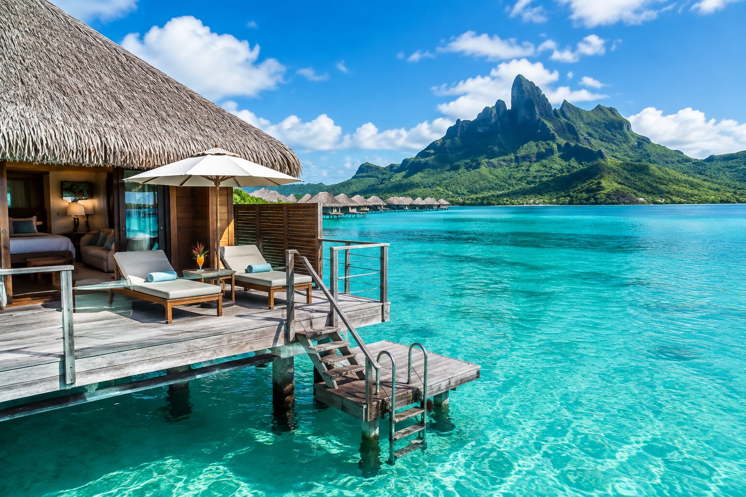 A luxury overwater bungalow overlooking the turquoise lagoon and green mountains of Bora Bora.