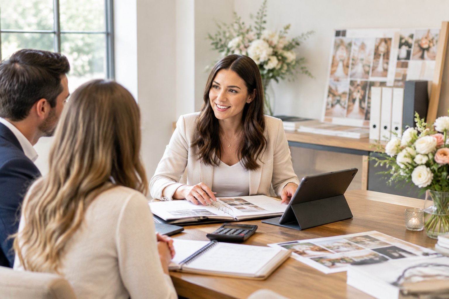 A wedding planner reviews financial documents and planning materials with a couple in a professional office.