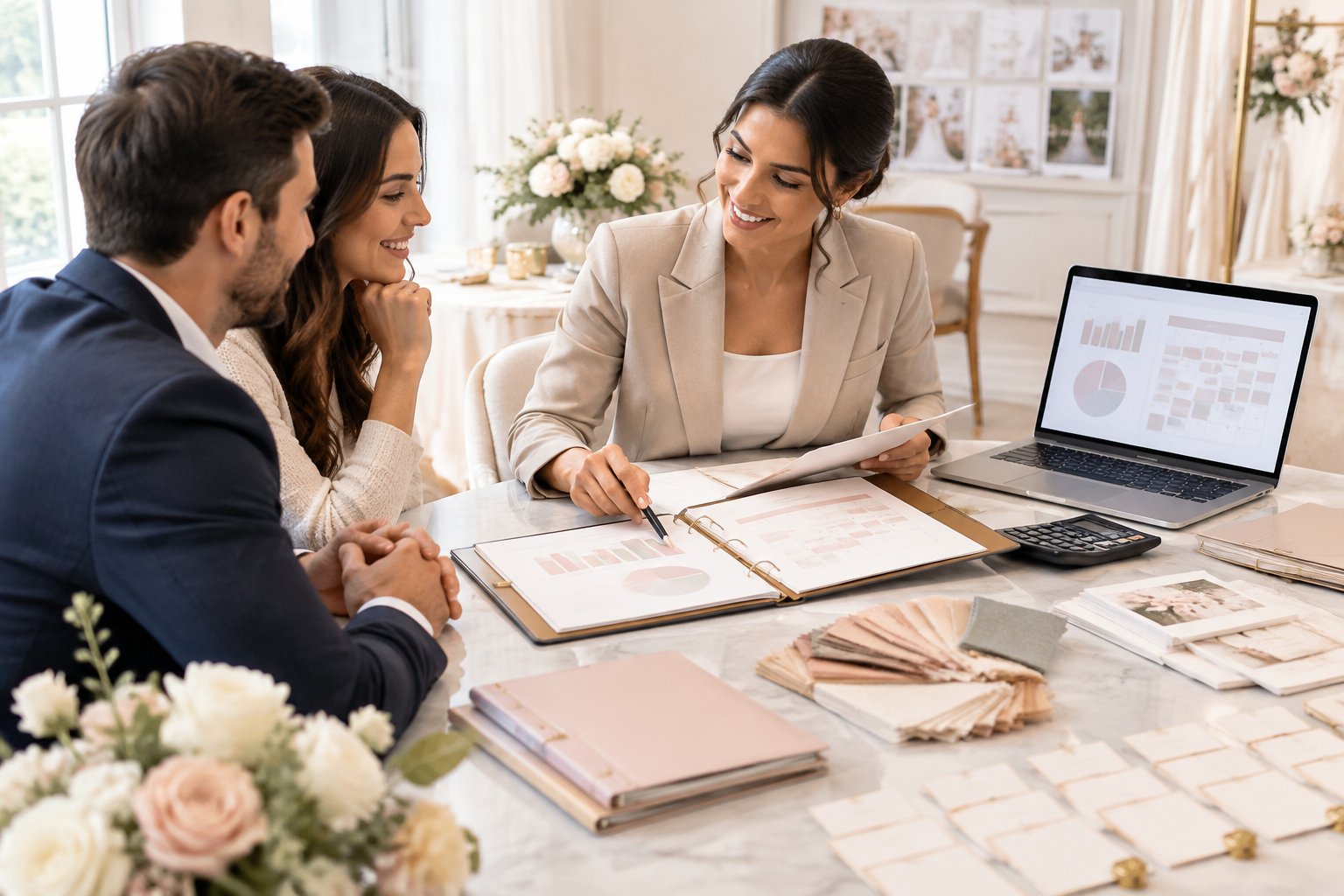 A wedding planner reviews a budget and event details with an engaged couple at a bright consultation table.