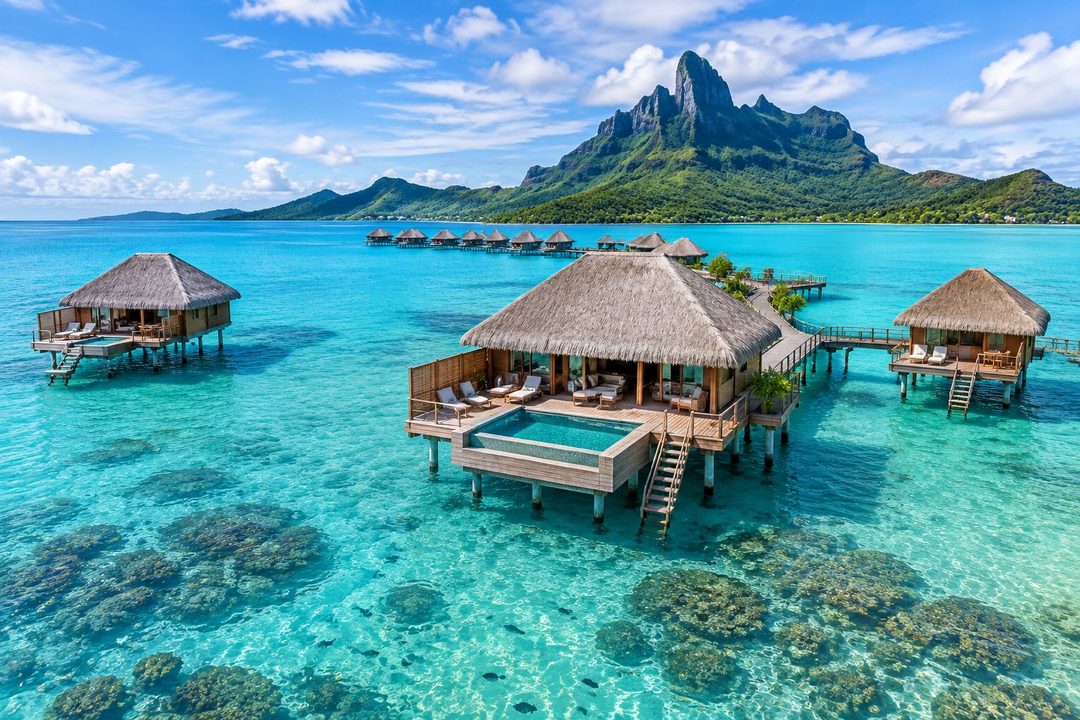 A tropical Bora Bora lagoon with several overwater bungalows, private decks, and a mountain in the background.