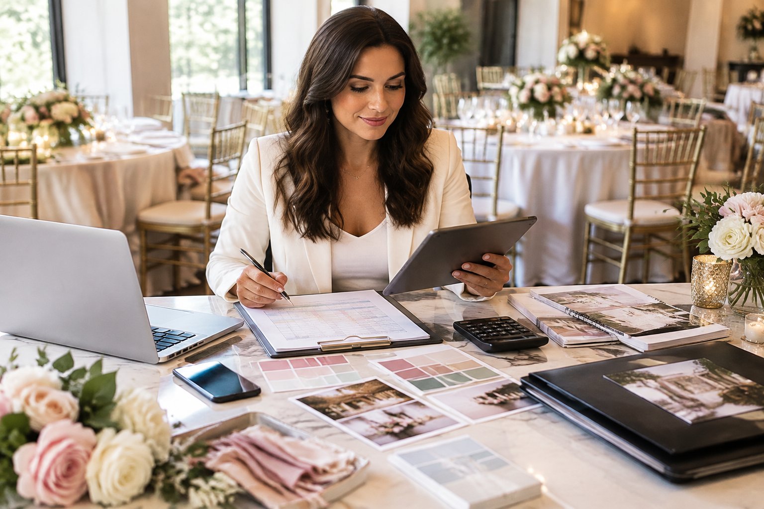 A wedding planner reviews budgets and event plans at a desk in an elegant reception venue.