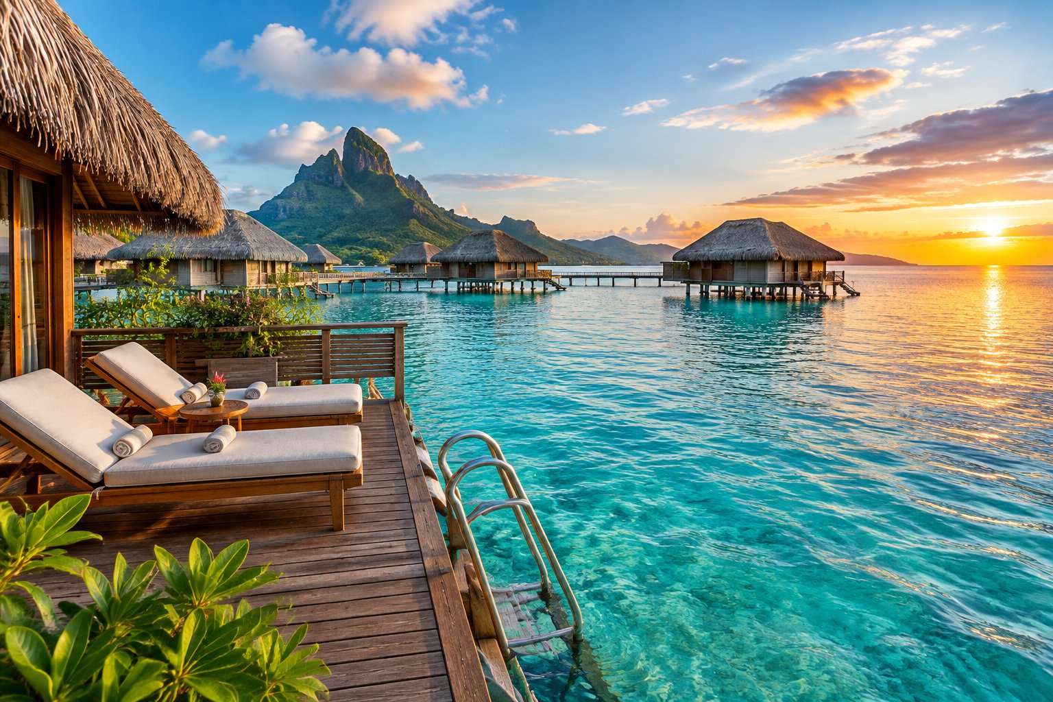 An overwater bungalow with a private deck overlooks a turquoise Bora Bora lagoon, neighboring villas, and a green volcanic island.
