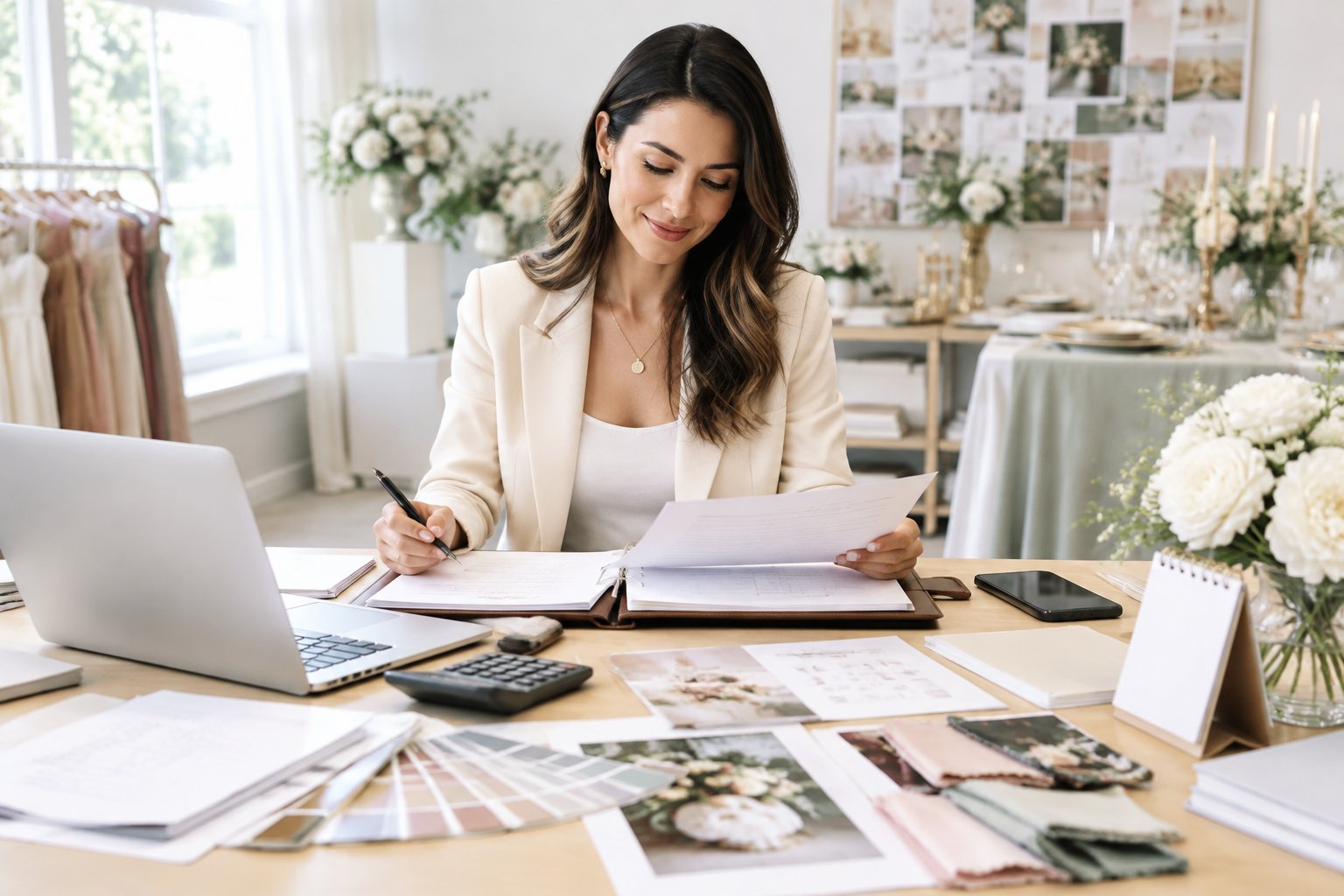 A wedding planner reviews budgets and event materials at an organized desk in a bright office.