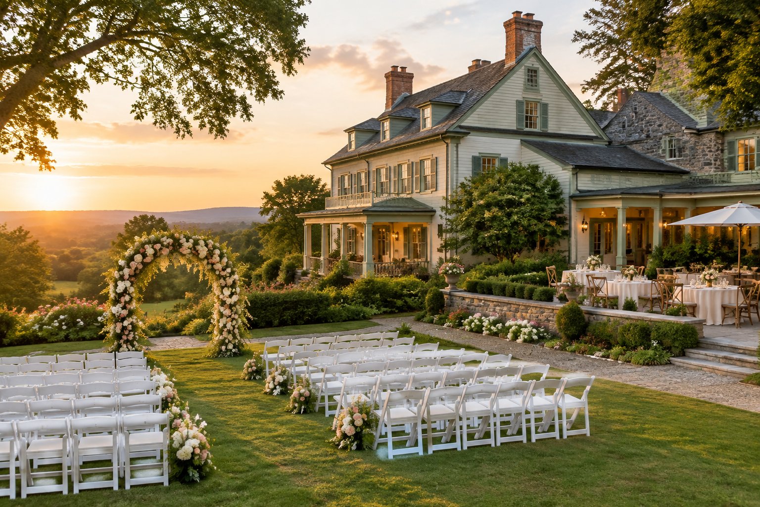A charming bed and breakfast with a decorated garden ceremony area and outdoor wedding seating.