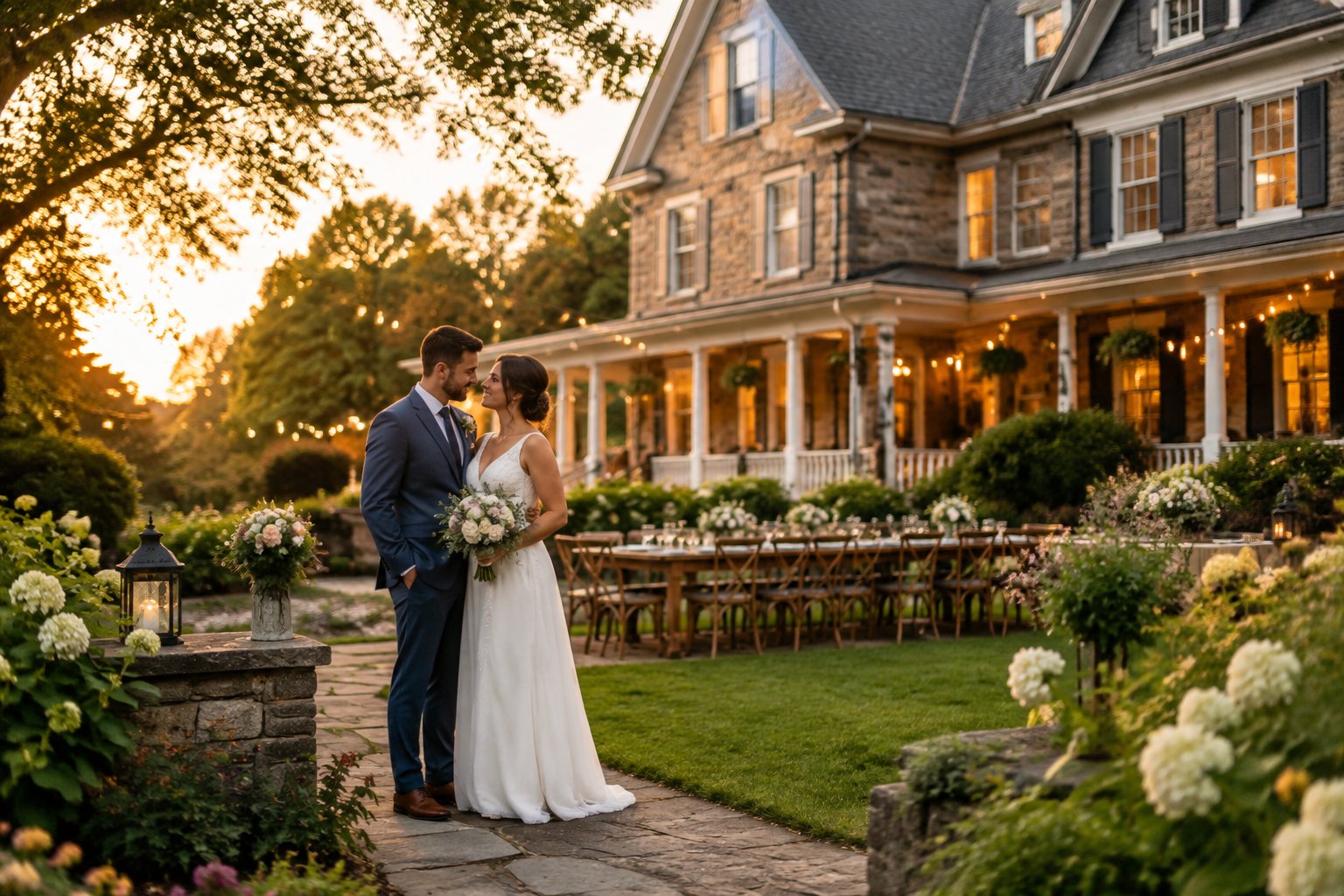 A newlywed couple stands in the garden of a charming bed-and-breakfast inn prepared for a wedding.