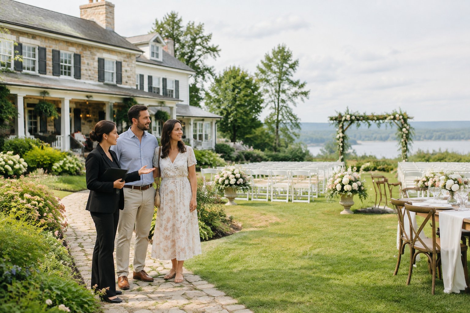 A couple tours a charming bed and breakfast wedding venue with a coordinator.