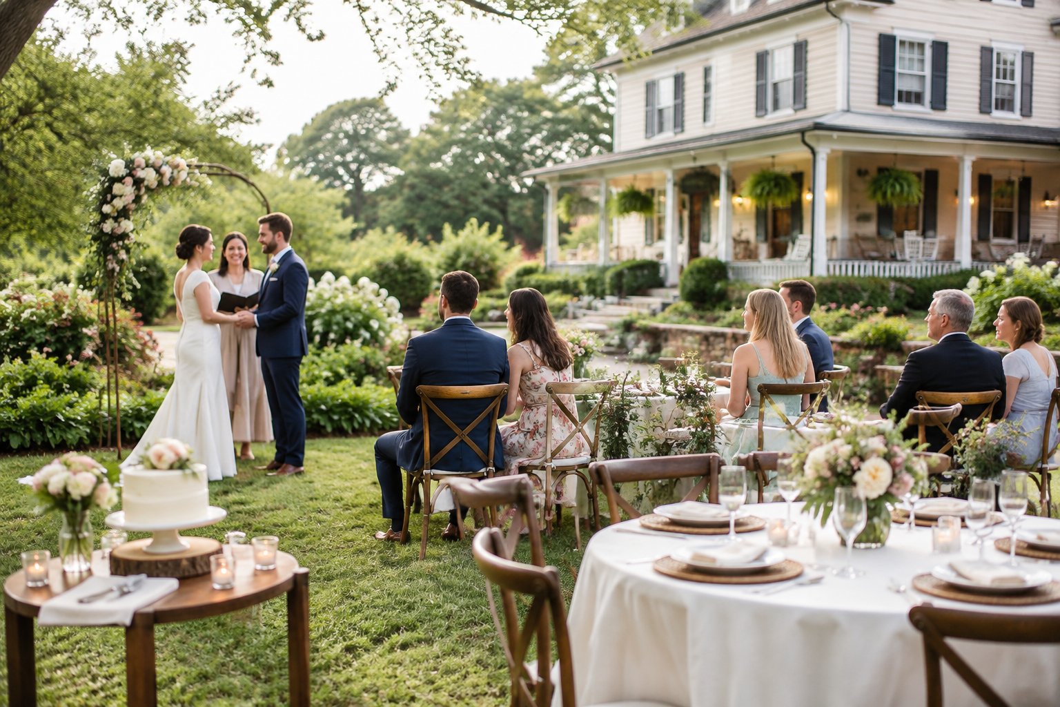 An intimate wedding reception set up in the garden of a charming bed-and-breakfast inn.