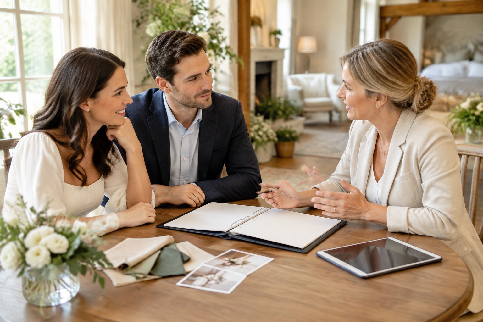 A couple discusses wedding plans with a bed and breakfast venue coordinator at a warmly decorated table.