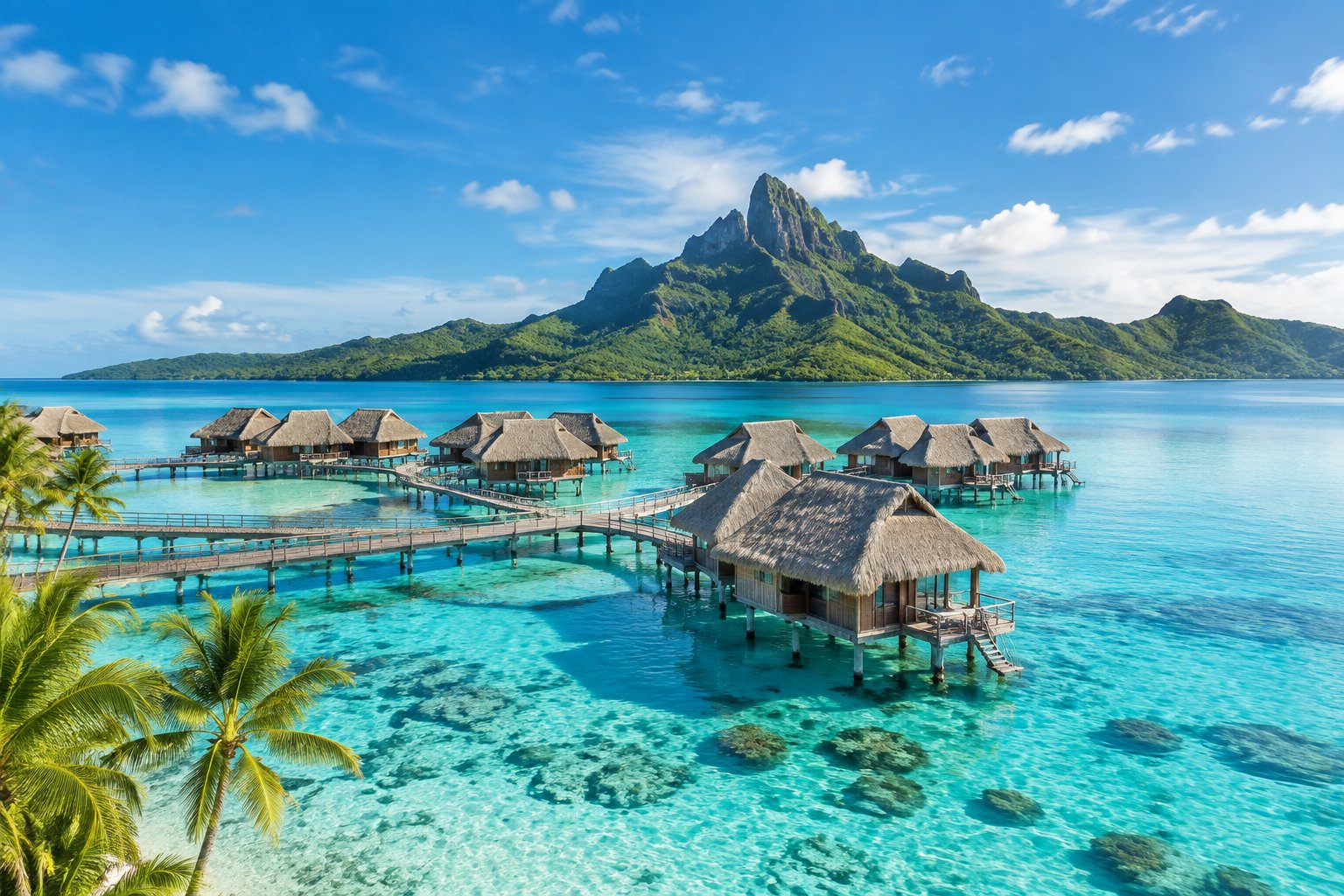 Overwater bungalows stretch across a turquoise lagoon with a lush volcanic island in the background.