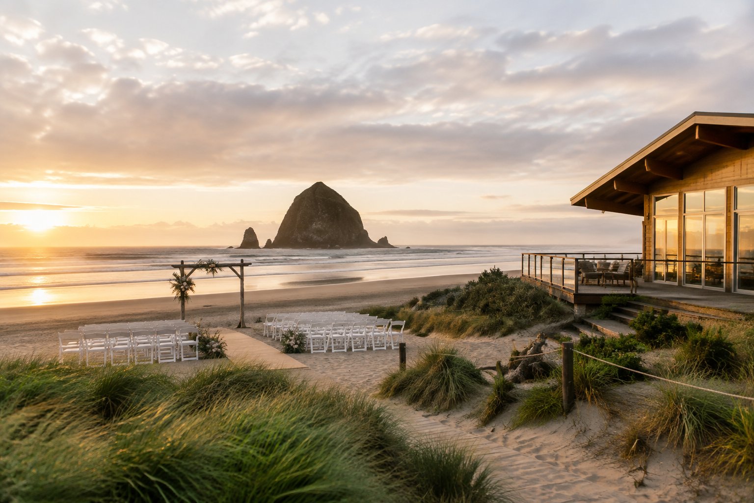A coastal wedding venue on Cannon Beach with white ceremony chairs, floral decor, and Haystack Rock in the background.