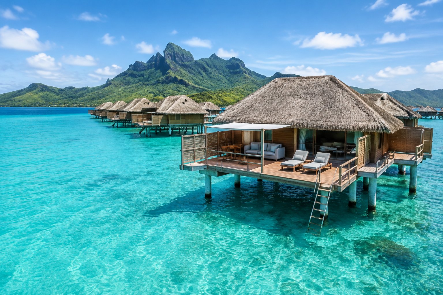 An overwater bungalow with a private deck sits above a turquoise lagoon, with more bungalows and a lush volcanic island in the background.