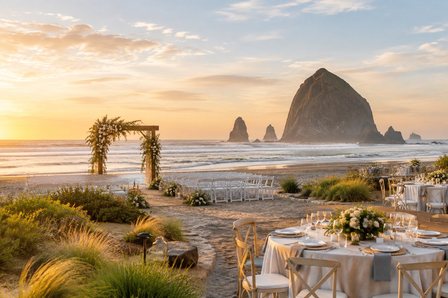 An elegant beach wedding setup with white chairs and floral décor overlooking the ocean and Haystack Rock at Cannon Beach.
