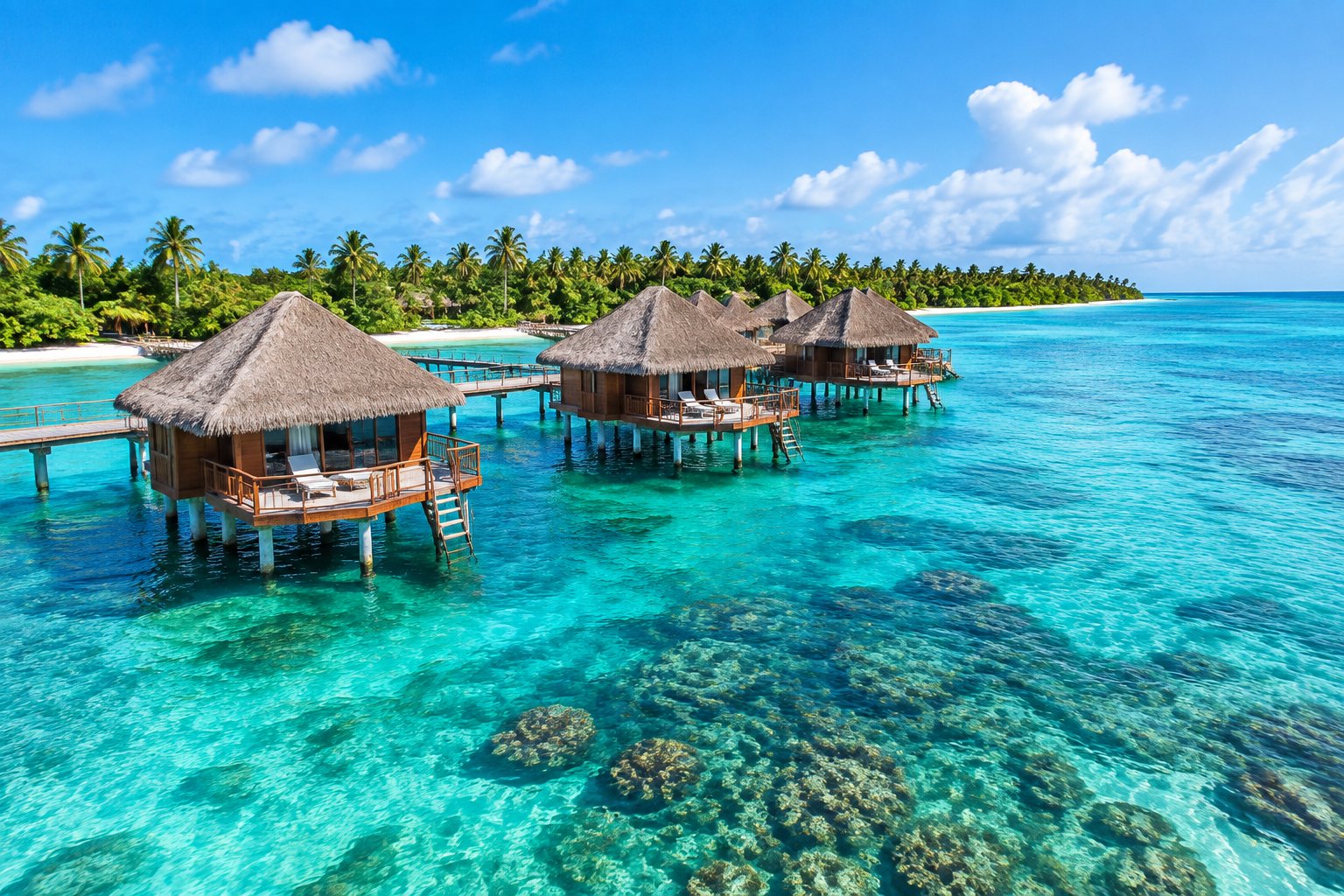Overwater bungalows connected by a boardwalk above clear turquoise water in Belize.