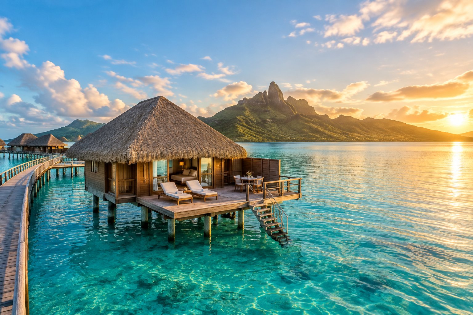 A luxury overwater bungalow on a turquoise lagoon with tropical mountains in the background.