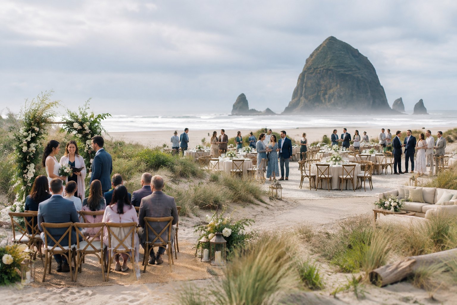 Wedding guests gather at a coastal venue near a rocky sea stack, with ceremony chairs and reception tables arranged on the beach.