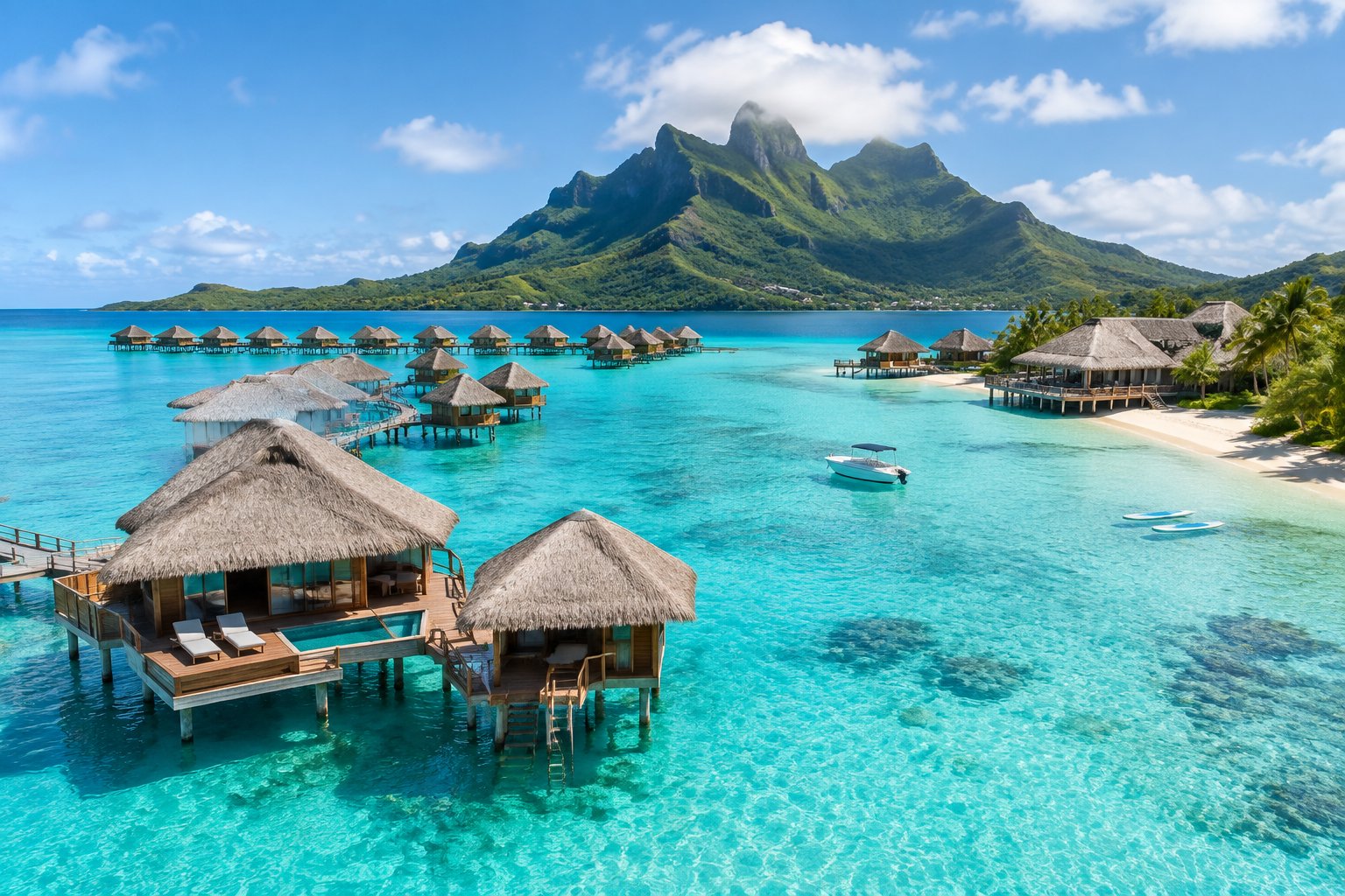 Overwater bungalows on a turquoise Bora Bora lagoon with a lush volcanic island in the background.