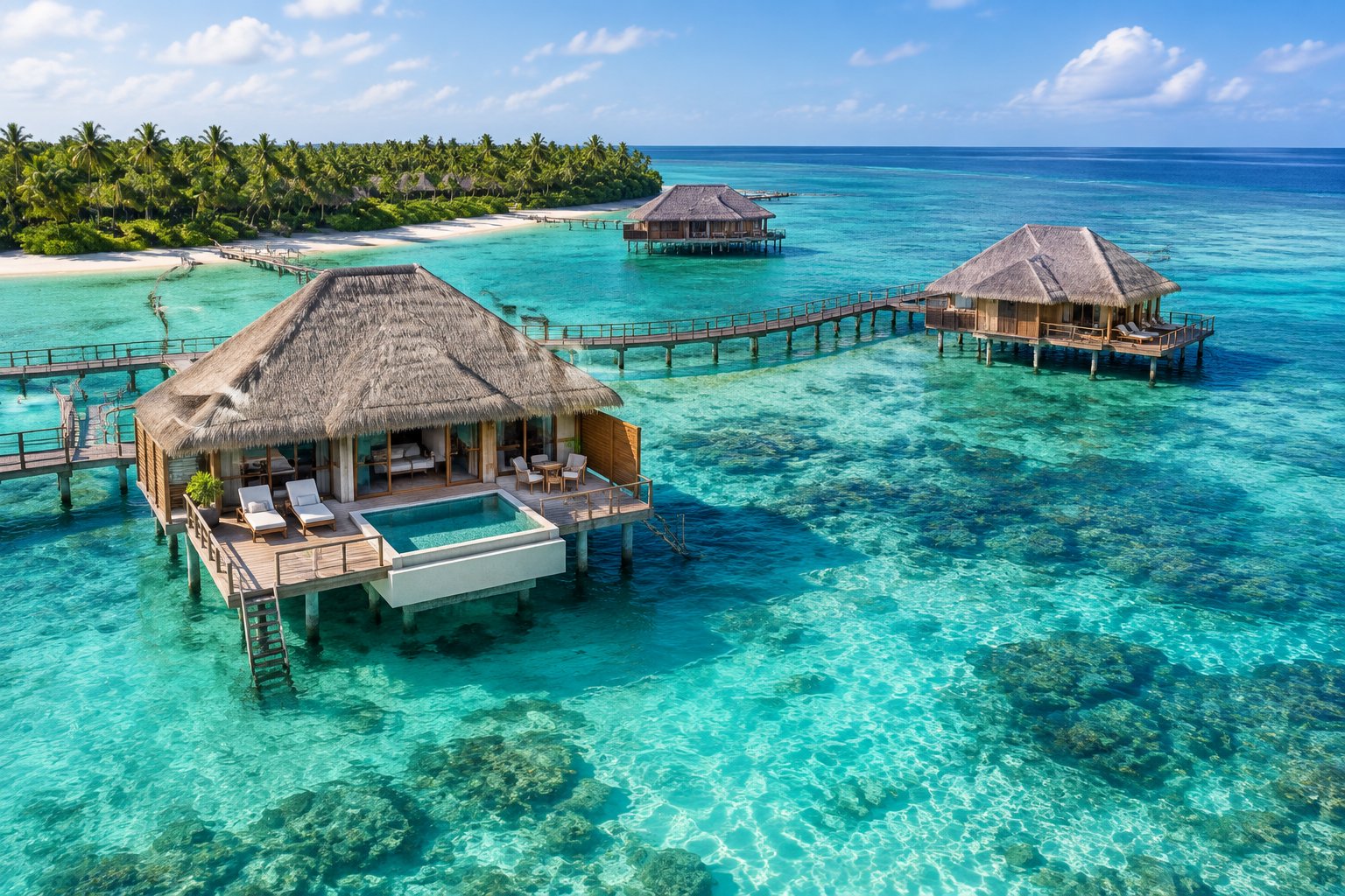 Luxury overwater bungalows connected by a wooden walkway over clear turquoise water beside a tropical Belize island.