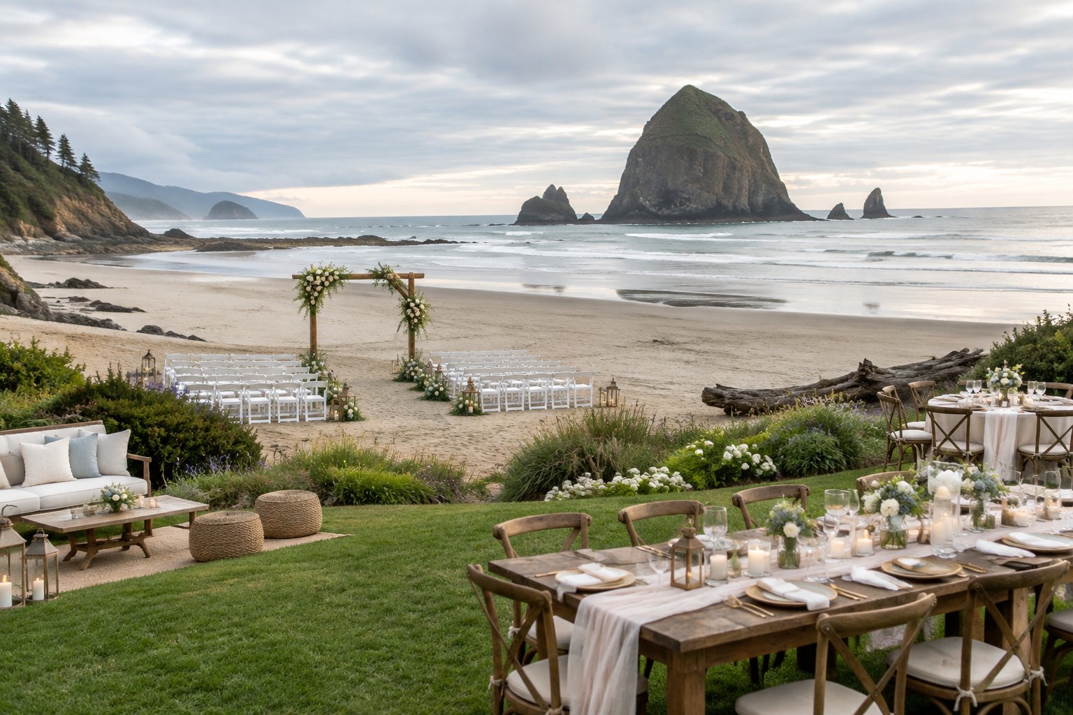 A seaside wedding setup with white chairs and a floral arch overlooking Haystack Rock at Cannon Beach.