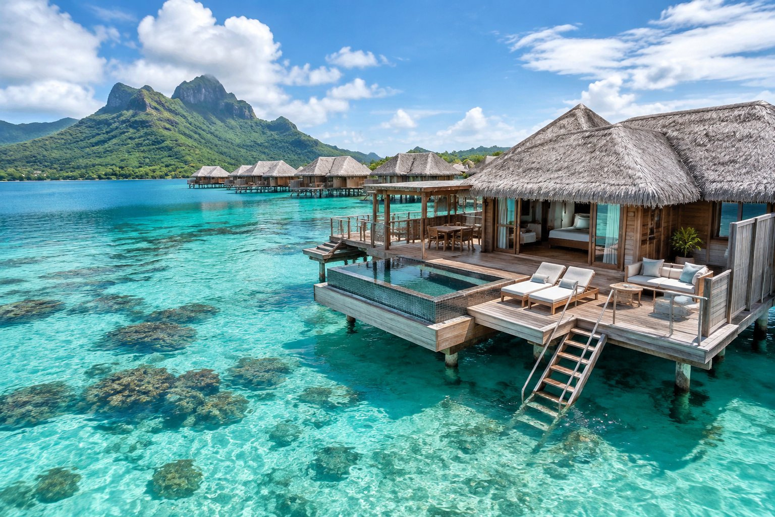 A luxury overwater bungalow with a private deck and plunge pool above a turquoise Bora Bora lagoon.