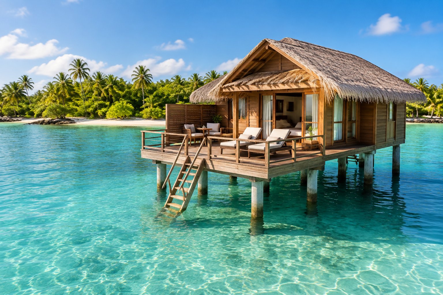 A wooden bungalow stands on stilts above clear turquoise Caribbean water beside a tropical Belizean shoreline.