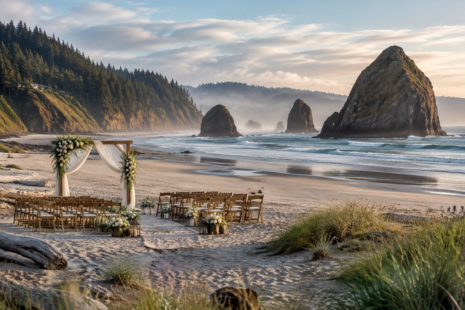 A coastal wedding setup overlooks a sandy Oregon beach with sea stacks, mist, and evergreen-covered cliffs.