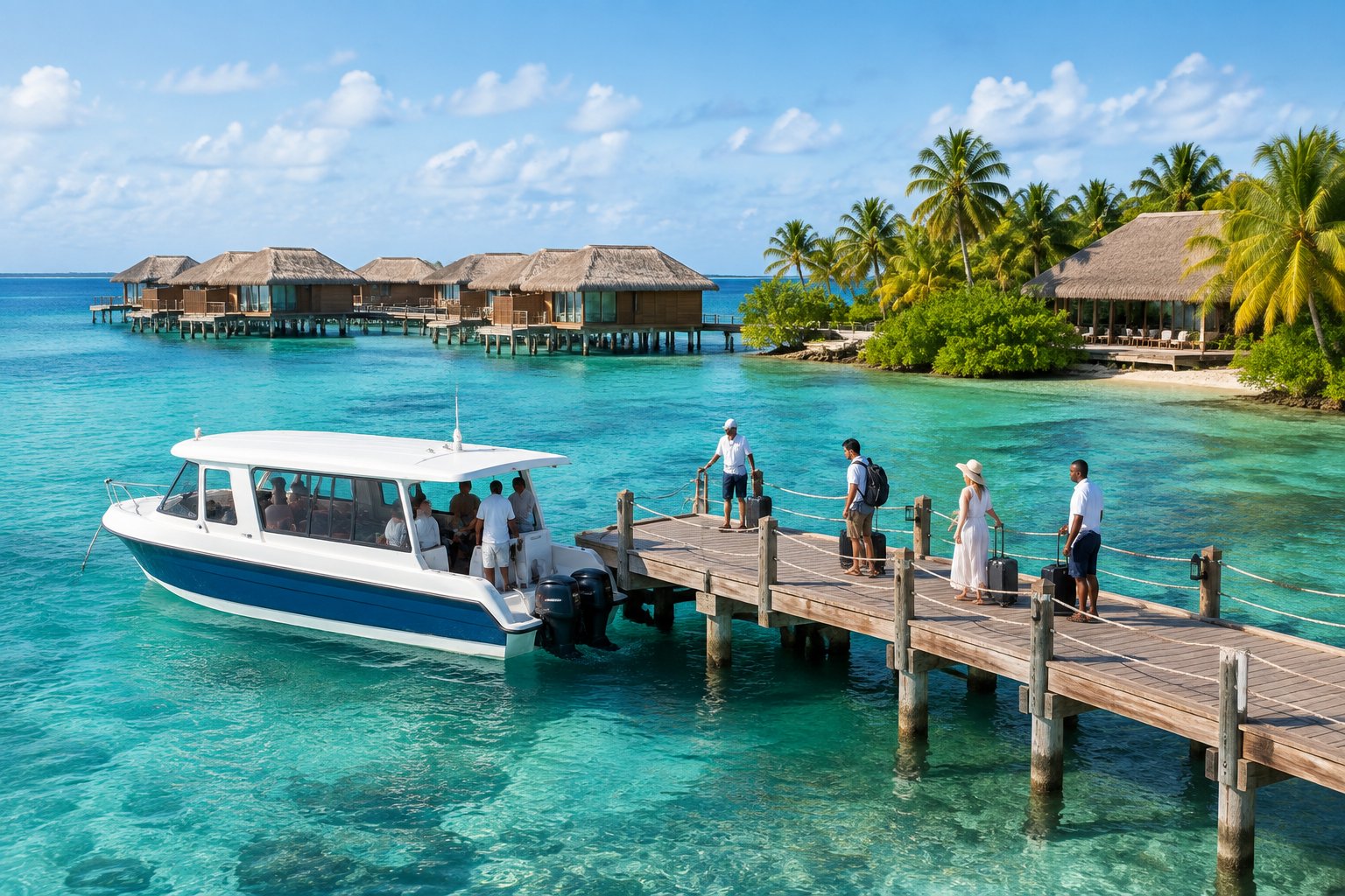 A transfer boat approaches a pier at a tropical Belize overwater bungalow resort.