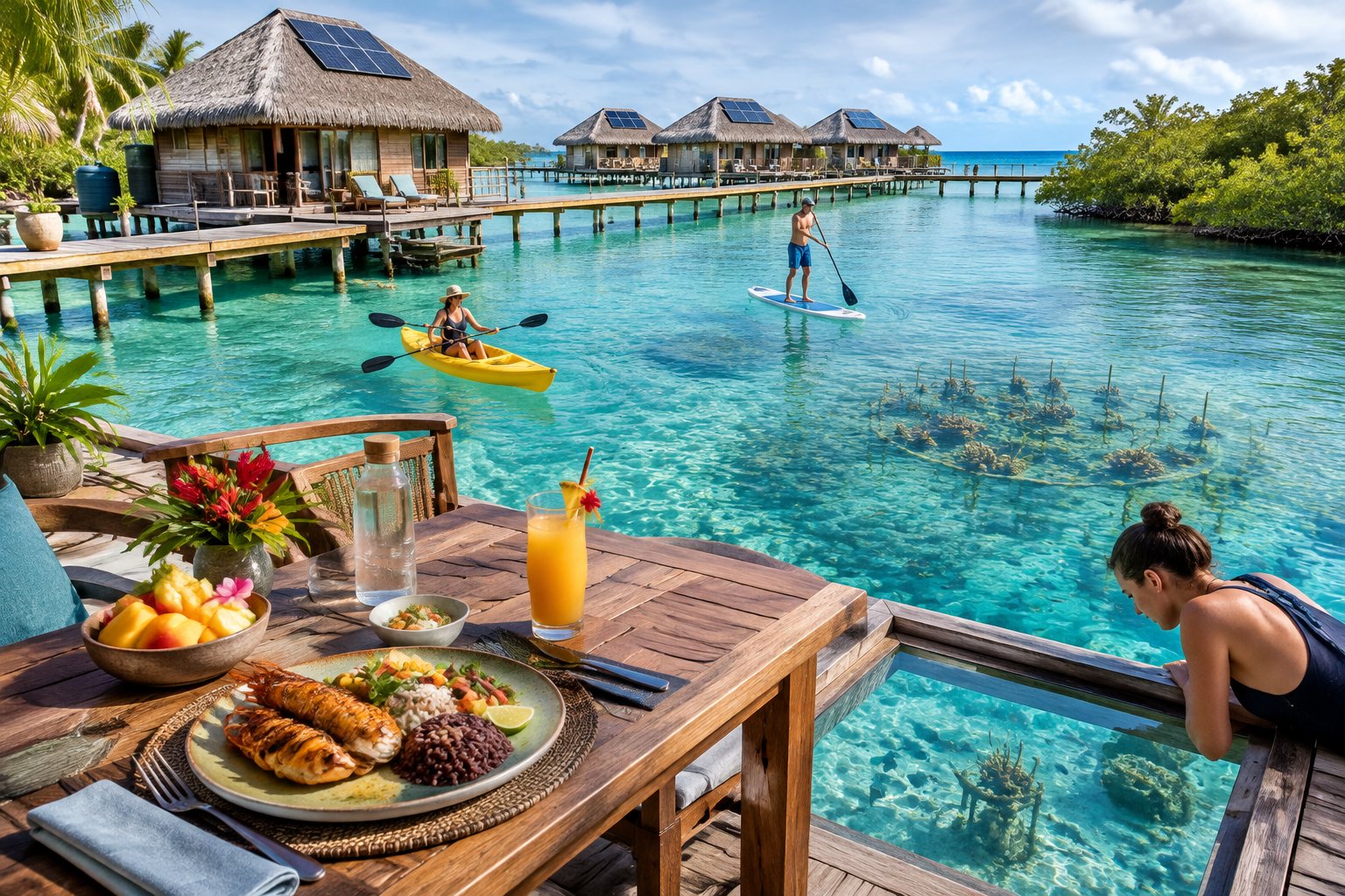 Guests dine and enjoy water activities at a sustainable overwater resort in Belize.