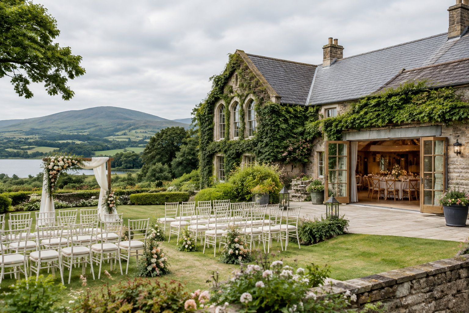 An elegant stone wedding venue surrounded by gardens and green Irish countryside, with a decorated outdoor ceremony area.
