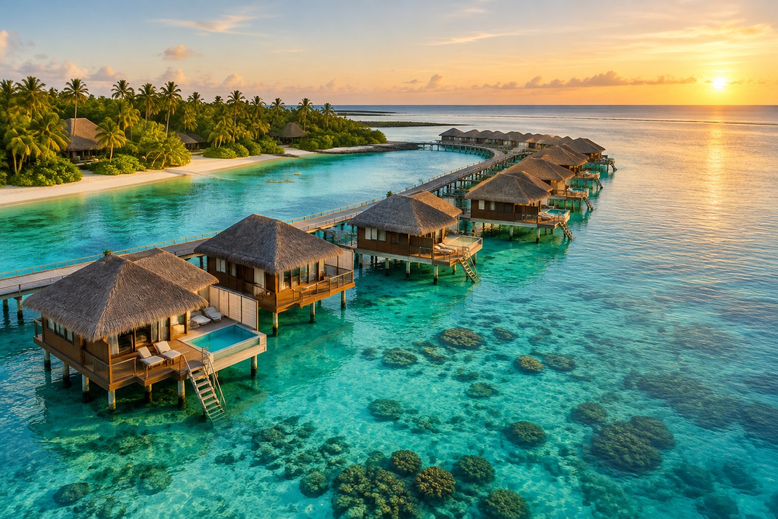 Luxury overwater bungalows stretch from a tropical Caribbean island across clear turquoise water.