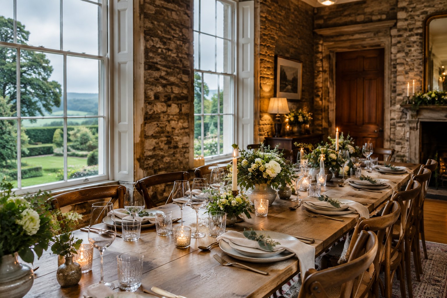An intimate wedding reception room in an elegant Irish country house, with a decorated dining table and views of a green garden.