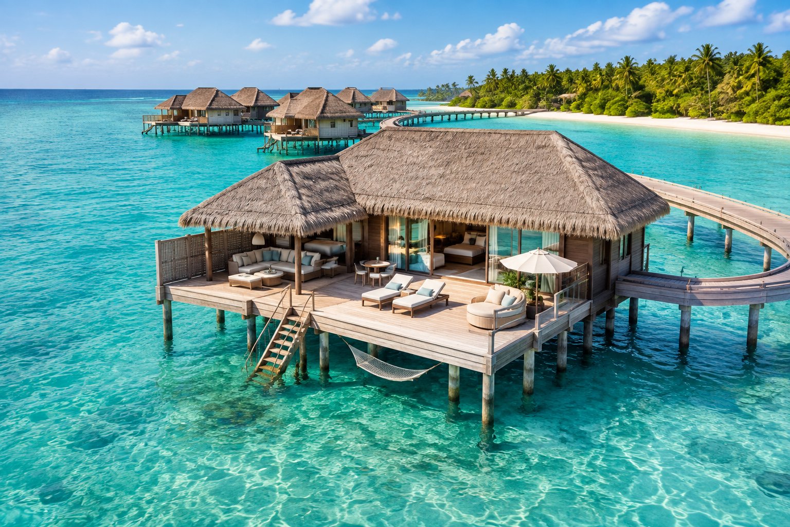 A luxurious overwater bungalow on stilts above a clear Caribbean lagoon, connected to a tropical island by a wooden boardwalk.