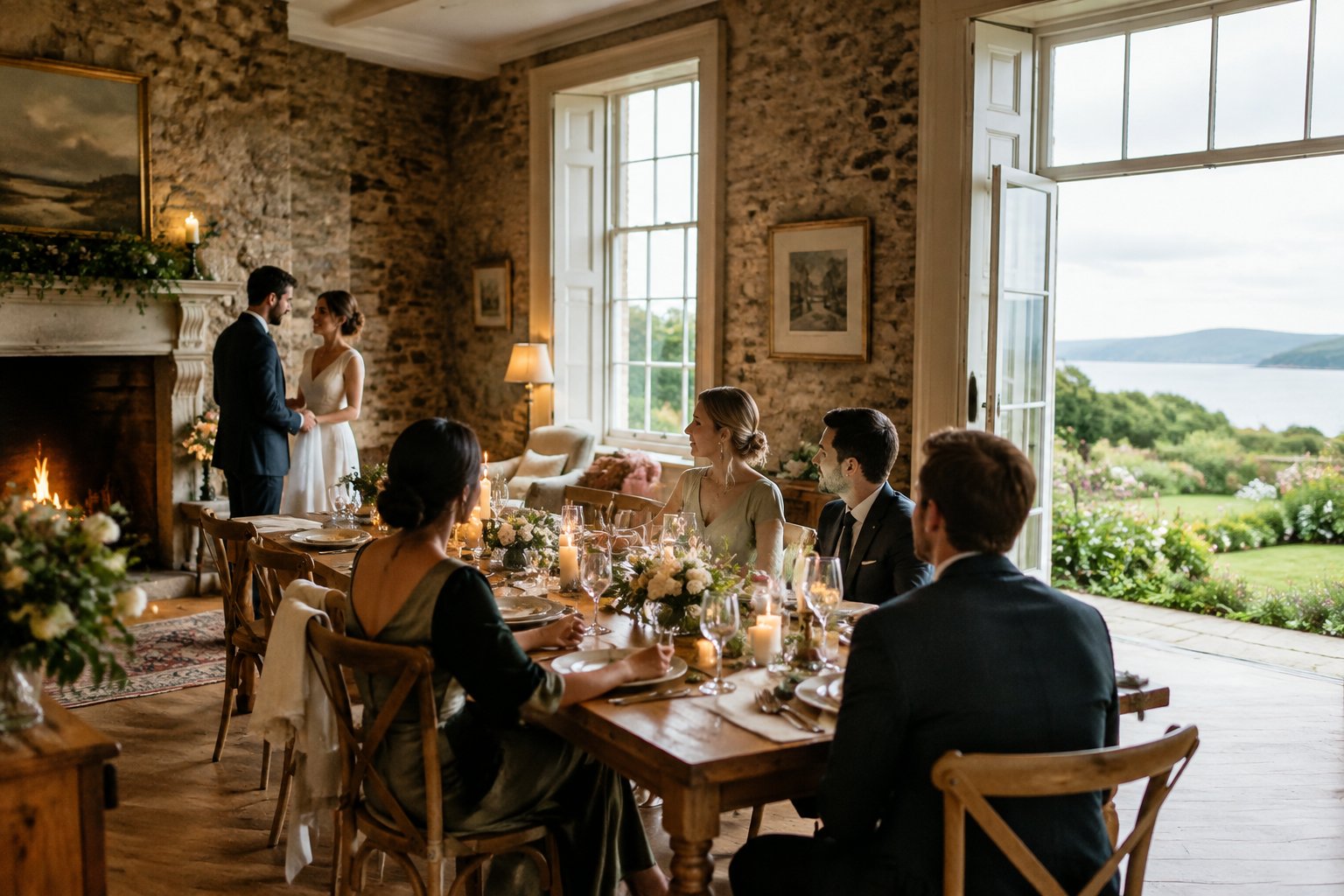 An intimate wedding reception in an elegant Irish country house overlooking a lush garden.