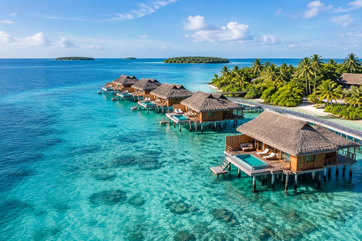 Overwater bungalows extend into a clear turquoise Caribbean lagoon beside a lush tropical island.