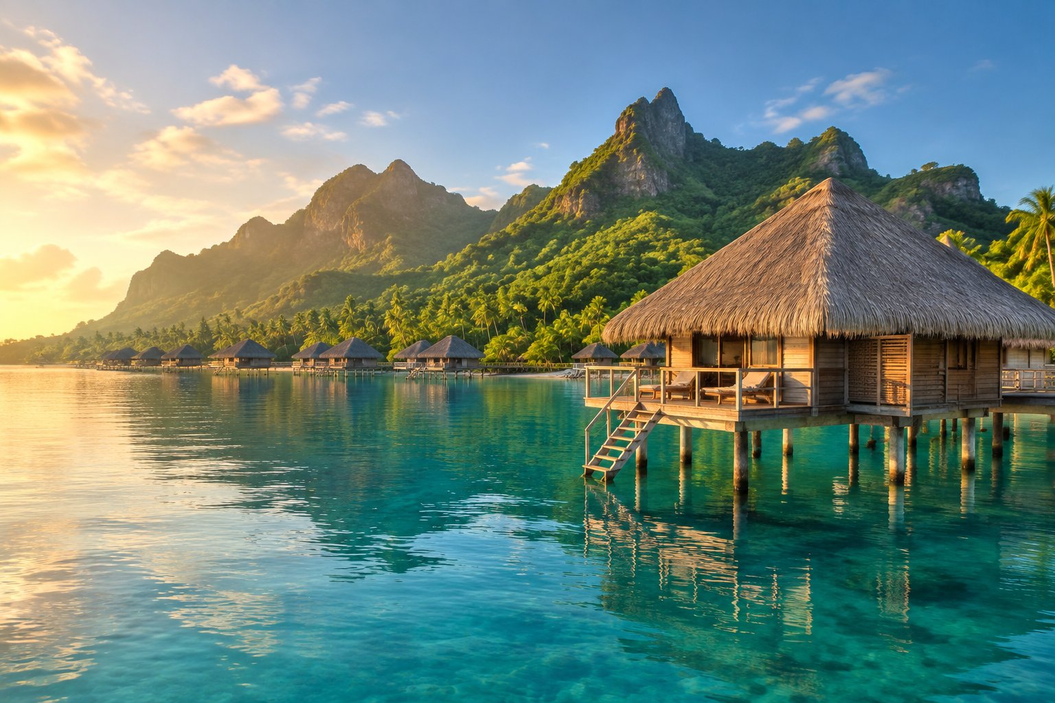 A traditional overwater bungalow stands above a turquoise lagoon beside a lush mountainous tropical island.