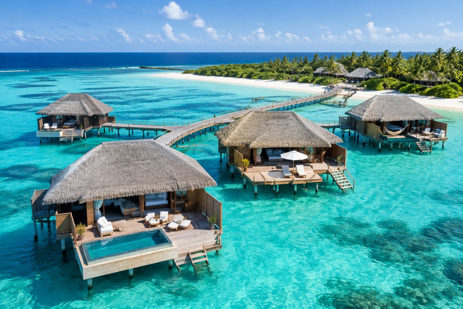 Overwater bungalows connected by a walkway above clear Caribbean water beside a tropical island.
