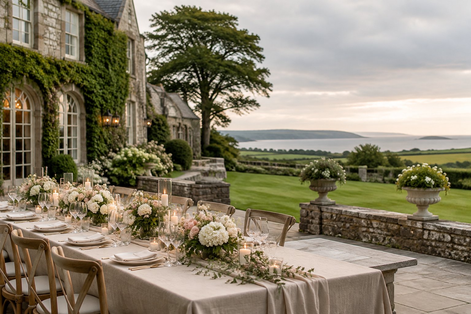 An elegant wedding reception table outside a historic stone venue surrounded by lush Irish gardens.